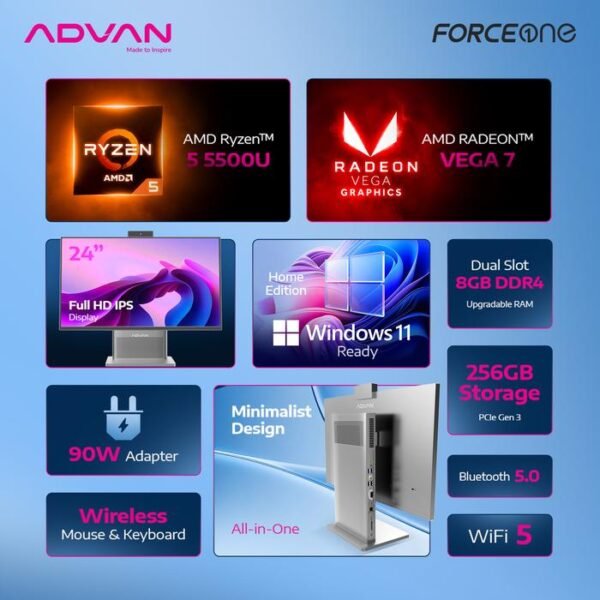 2 ADVAN Force One All-in-One PC AIO PC Ryzen 5 5500U 8256GB SSD 23.8 inch FHD IPS Upgradeable RAM Free Windows 11 Home Free Keyboard & Mouse Garansi Resmi 1 Tahun